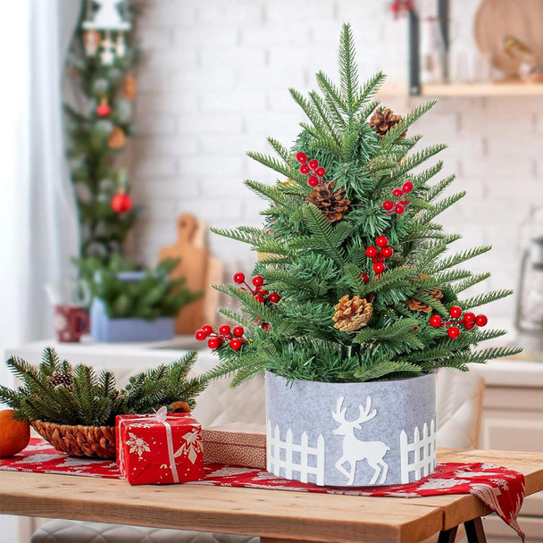 Pre-lit Tabletop Artificial Mini PE Christmas Tree - 21" Little Xmas Tree with LED Lights and Fence Base for Home Office Holiday DIY Décor