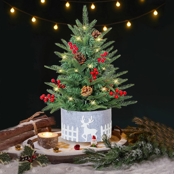 Pre-lit Tabletop Artificial Mini PE Christmas Tree - 21" Little Xmas Tree with LED Lights and Fence Base for Home Office Holiday DIY Décor
