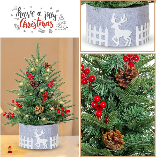 Pre-lit Tabletop Artificial Mini PE Christmas Tree - 21" Little Xmas Tree with LED Lights and Fence Base for Home Office Holiday DIY Décor