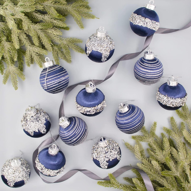 12 Pcs Satin Christmas Ball Ornaments, Luxury Silk Tree Hanging Decorations for Xmas Wreath Garland Wedding Party (Blue)