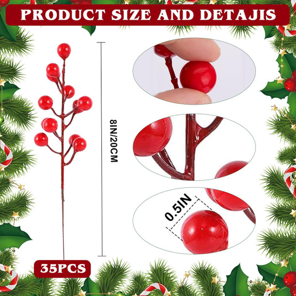 35 Pack Artificial Red Berry Stems 8 Inch Christmas Berry Picks Red Holly Berries for Christmas Tree Decorations DIY Crafts Wedding Winter Holiday Home Decor
