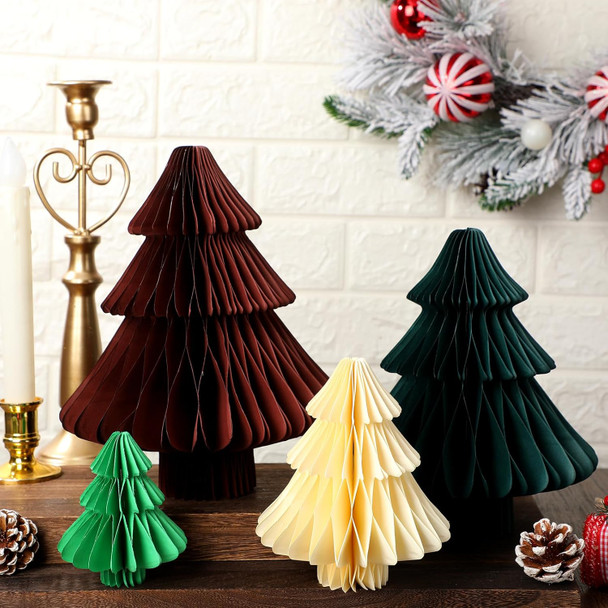 4 Pcs Paper Christmas Tree 3D Honeycomb Centerpiece Xmas Paper Tree Decoration Green Brown Neutral Color 4 Sizes Honeycomb Tree Table Decor for Table Mantel Fireplace Party Holiday Decor
