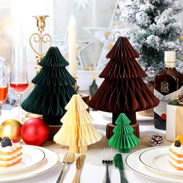4 Pcs Paper Christmas Tree 3D Honeycomb Centerpiece Xmas Paper Tree Decoration Green Brown Neutral Color 4 Sizes Honeycomb Tree Table Decor for Table Mantel Fireplace Party Holiday Decor