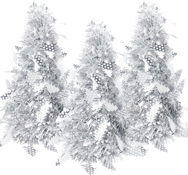 Mini Christmas Tree, Artificial Tinsel Pencil Tree, Silver Tabletop Christmas Tree Battery Operated Small Christmas Tree for Table, Desk, Home, Office Decor - 3 Pieces (Silver)