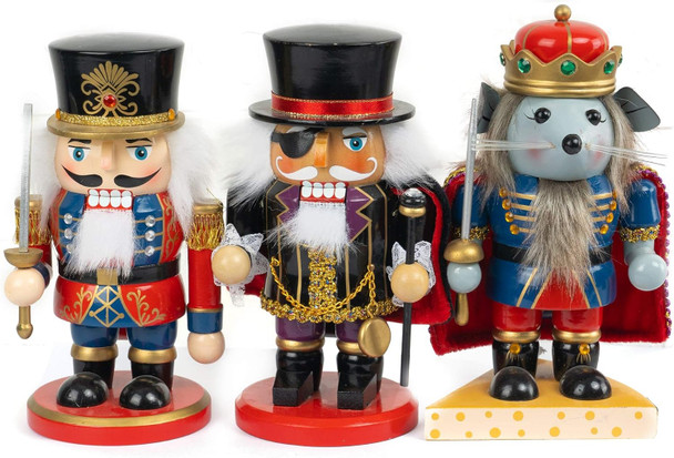 FUNPENY 3 Set Christmas Nutcrackers Figures, 7 Inch Handmade Wooden Mouse King Soldier and Pirate Traditional Nutcracker Decorations for Fall Festive Christmas Desktop Collectible Decor