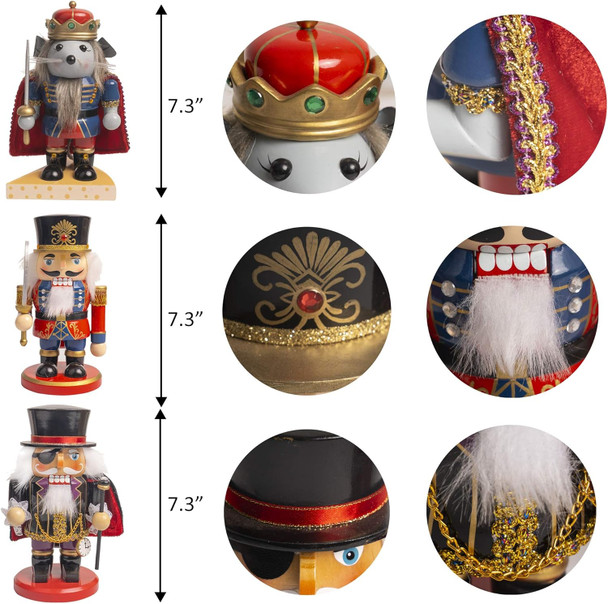 FUNPENY 3 Set Christmas Nutcrackers Figures, 7 Inch Handmade Wooden Mouse King Soldier and Pirate Traditional Nutcracker Decorations for Fall Festive Christmas Desktop Collectible Decor