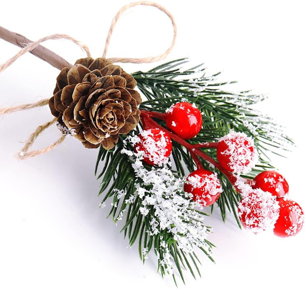 10 Pcs Christmas Berries Pine Cones for DIY Crafts-Christmas Tree Picks Spray Evergreen Artificial Pine Branches Holly Stem,Xmas Garland Décor, Wrap Embellishment (Red)