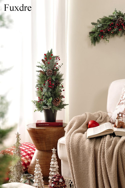 20 Inch Tabletop Christmas Tree, Small Christmas Tree with Pine Needles, Berry and Eucalyptus, Tabletop Small Xmas Tree Perfect Christmas Decoration for Home, Living Room, Table