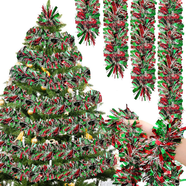 50 Feet Christmas Tinsel Garland,Metallic Twist Hanging Wreath Shiny Xmas Tree Ornament for Home,Stairs,Indoor,Outdoor Decorations,Party Supplies(Red,Green,Silver)