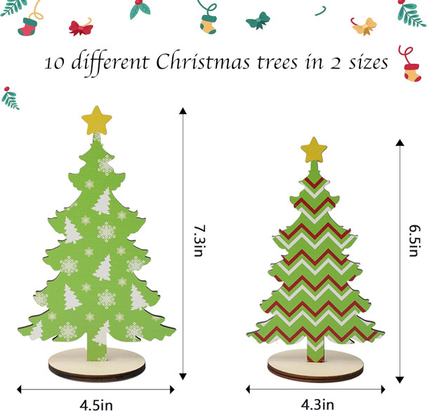 10 Pack Wooden Christmas Tree Tabletop Decorations, 7 Inch 6 Inch Red and Green Plaid Xmas Tree Table Centerpieces Farmhouse Rustic Christmas Decor for Home Shelf Tiered Tray Decor