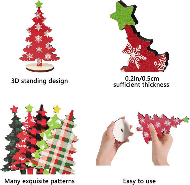 10 Pack Wooden Christmas Tree Tabletop Decorations, 7 Inch 6 Inch Red and Green Plaid Xmas Tree Table Centerpieces Farmhouse Rustic Christmas Decor for Home Shelf Tiered Tray Decor