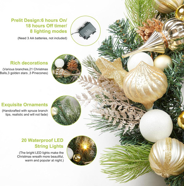 GAOMON Christmas Wreath for Front Door, 24 Inch Outdoor Christmas Wreath, Battery Operated Xmas Wreath with Gold White Ball Ornaments Pine Cones and 20 LED Lights for Home Holiday Decor