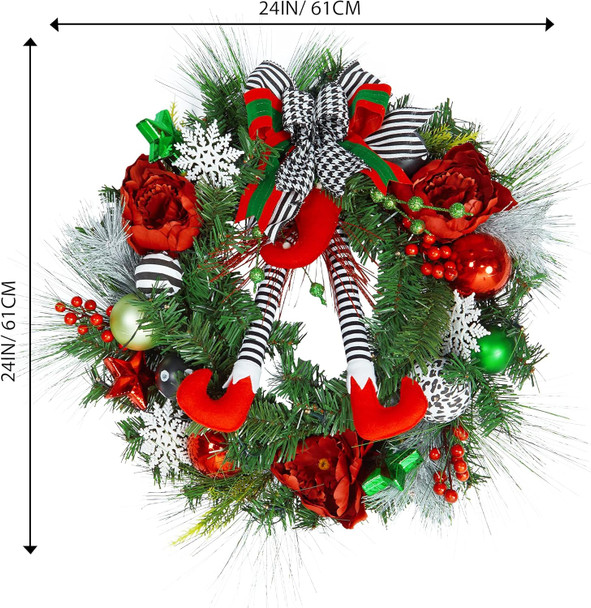 GAOMON 24 Inch Pre-lit Christmas Wreath for Front Door, Red Green Battery Operated Xmas Wreath with 20 LED Lights, Elf Legs Boot, Ball Ornaments, Flowers & Ribbon Bows for Home Holiday Decor