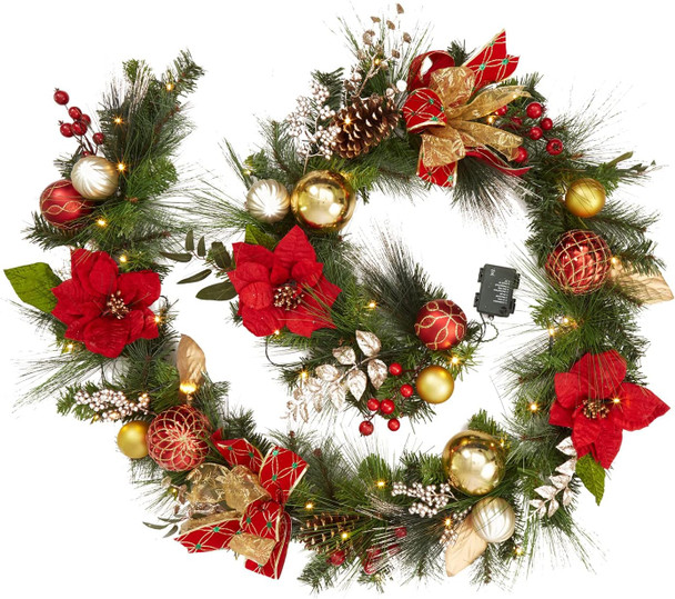 Christmas Garland with Lights, 9 ft Pre-lit Red Gold Christmas Garland with Ball Ornaments Pine Cones Battery Operated Lights for Mantle Fireplace Outdoor Home Holiday Party Decor