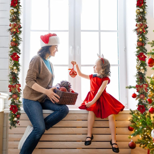 Christmas Garland with Lights, 9 ft Pre-lit Red Gold Christmas Garland with Ball Ornaments Pine Cones Battery Operated Lights for Mantle Fireplace Outdoor Home Holiday Party Decor