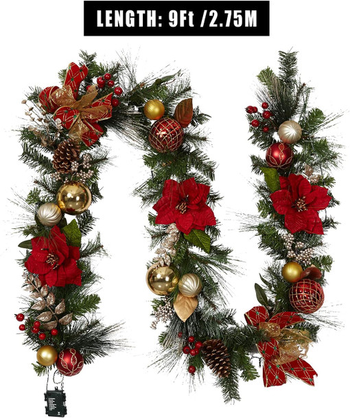 Christmas Garland with Lights, 9 ft Pre-lit Red Gold Christmas Garland with Ball Ornaments Pine Cones Battery Operated Lights for Mantle Fireplace Outdoor Home Holiday Party Decor