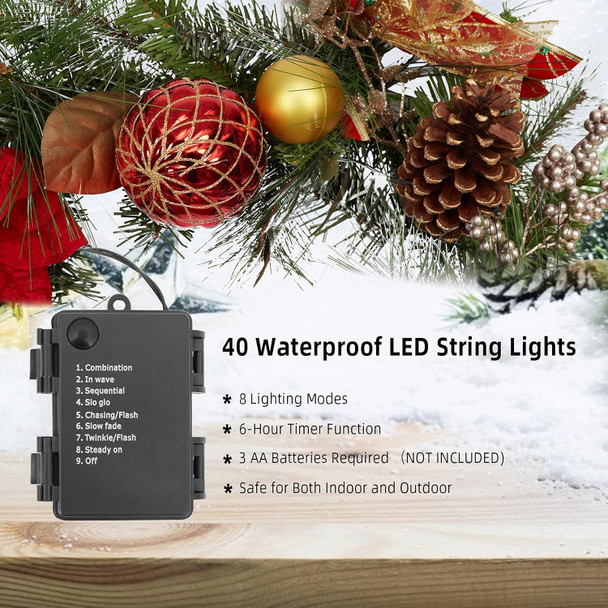 Christmas Garland with Lights, 9 ft Pre-lit Red Gold Christmas Garland with Ball Ornaments Pine Cones Battery Operated Lights for Mantle Fireplace Outdoor Home Holiday Party Decor