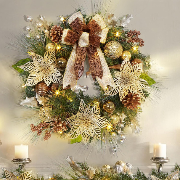 24 Inch Christmas Wreath with Lights, Battery Operated Outdoor Christmas Wreath for Front Door with 20 LED Lights Timer Gold Ball Ornaments Pine Cones and Bow for Home Holiday Decor