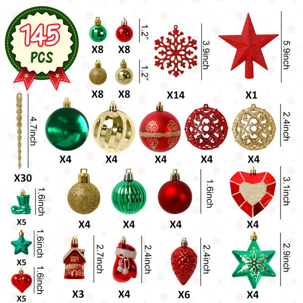 Garma Christmas Balls Ornaments Set, 145Pcs Christmas Tree Garland Red Green Gold Shatterproof Plastic Decorative Baubles for Xmas Tree Hanging Balls Decorations Kit for Holiday Party Seasonal Decor