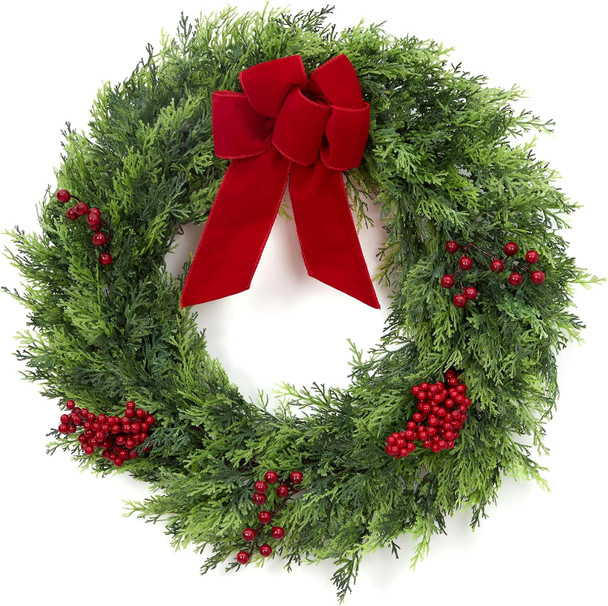 Christmas Wreaths for Front Door, 24 Inch Large Outdoor Christmas Wreath with Berries Velvet Bow, Winter Artificial Cypress Wreath Xmas Wreath for Indoor Window Wall Fireplace Holiday Decor