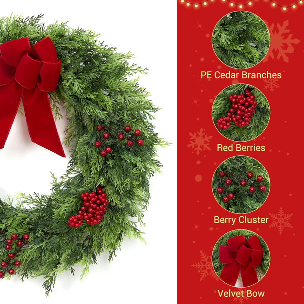 Christmas Wreaths for Front Door, 24 Inch Large Outdoor Christmas Wreath with Berries Velvet Bow, Winter Artificial Cypress Wreath Xmas Wreath for Indoor Window Wall Fireplace Holiday Decor