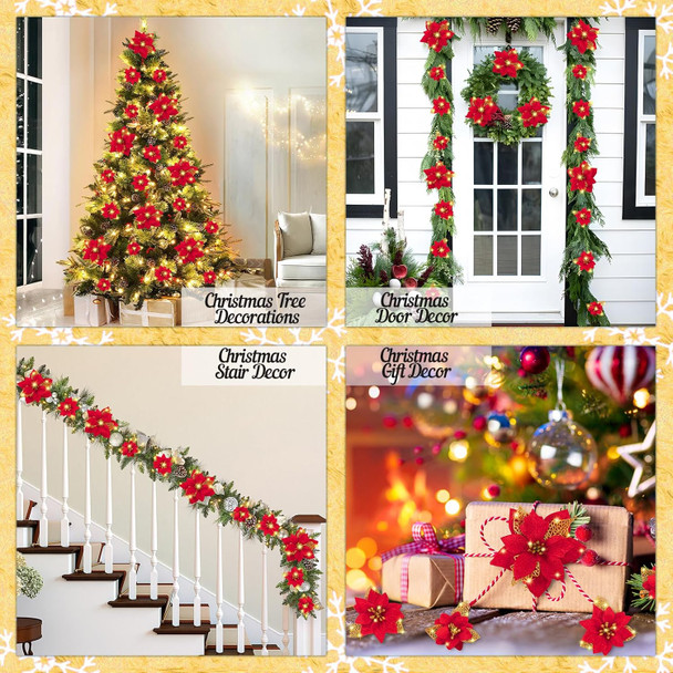 Geefuun 28PCS Christmas Tree Decorations: Poinsettias Artificial Flowers Ornaments Xmas Red Glitter Flower with Clips,3 Sizes(Not Included Stems)