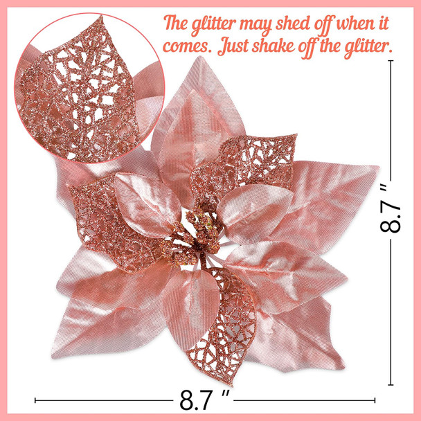 Geefuun 15PCS Christmas Tree Decorations Poinsettias Artificial Flowers Ornaments: Large Size 8.7” Xmas Glitter Flower with Clips Plus Stems (Rose Gold)