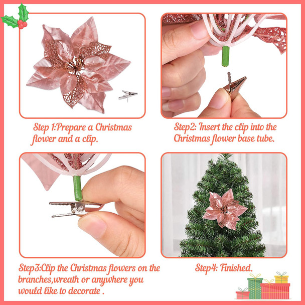 Geefuun 15PCS Christmas Tree Decorations Poinsettias Artificial Flowers Ornaments: Large Size 8.7” Xmas Glitter Flower with Clips Plus Stems (Rose Gold)