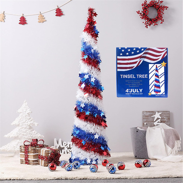 4th of July Decor, Patriotic Pop up Pencil Christmas Tree,4.9 Ft Christmas Tinsel Tree,Sequin Star Ornaments Garland Collapsible Tree for Independence Day Memorial Home Decor