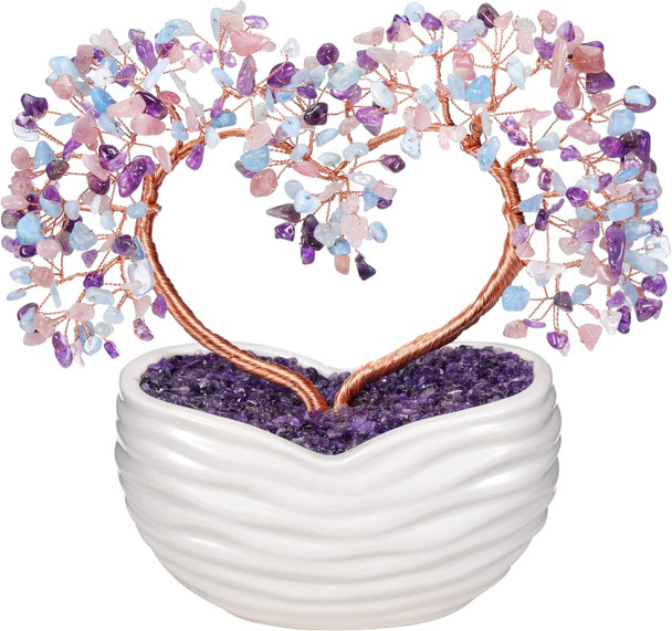 GEHECRST Healing Crystal Heart Tree Handmade Amethyst Rose Quartz Aquamarine Crystal Gemstone Money Tree Stone Tree Feng Shui Ornament for Home Office Desk Decor s for Mom Women Christmas