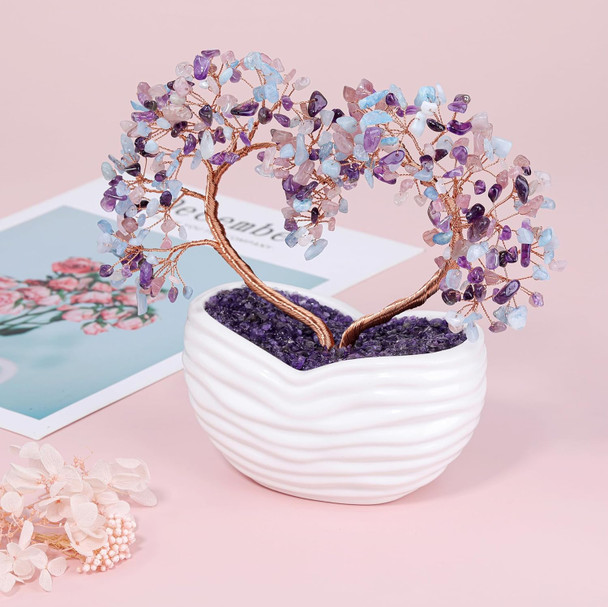 GEHECRST Healing Crystal Heart Tree Handmade Amethyst Rose Quartz Aquamarine Crystal Gemstone Money Tree Stone Tree Feng Shui Ornament for Home Office Desk Decor s for Mom Women Christmas