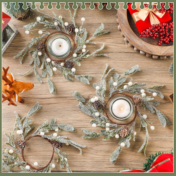 6 Pieces Christmas Pillar Candle Rings Frosted Mistletoe Wreaths with Pearl Accents Artificial Wreath Holiday Candle Rings for Holiday Parties and Home Decor