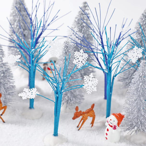 15 Pcs Mini Christmas Trees Bottle Brush Trees Set Christmas Village Sets Navy Blue Winter Village Accessories Ornaments for Christmas Decorations Snowflake Bare Branch Miniature Snow Frost Trees Home
