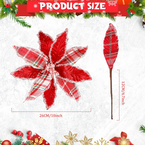 10 Pieces Christmas Buffalo Plaid Red White Green Plaid Poinsettia Flowers Christmas Tree Ornaments for Christmas Tree Wreaths Garland Holiday Decorations