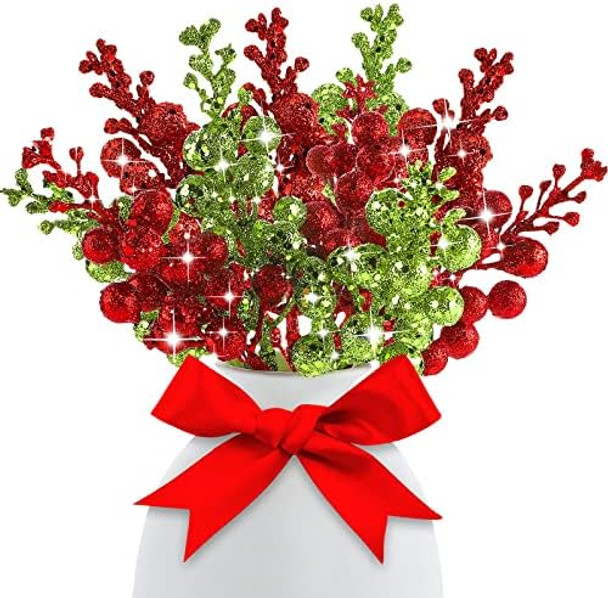 Geosar 16 Pcs Christmas Berry for Christmas Tree Winter Berries Pick Decorative Xmas Artificial Berry Stems for Wreath Garland Glitter Crafts DIY Ornaments for Holiday Home Party Decor(Red, Green)