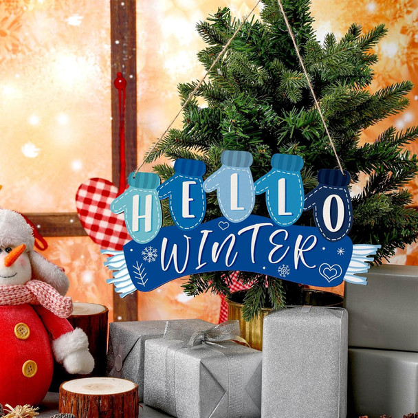 Christmas Hello Winter Gloves Hanging Sign Navy Blue Scarf Hello Winter Wooden Door Sign Hanging Plaque Rustic Wall Sign Wall Decor for Yard Indoor Outdoor Garden Decor with Rope