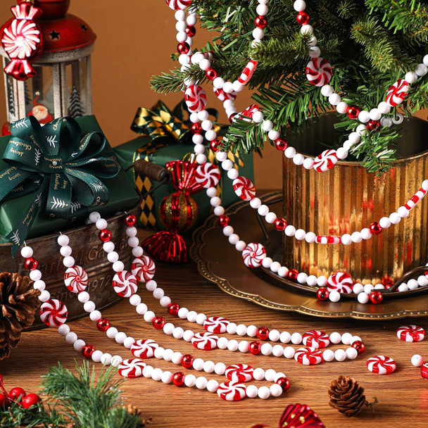 Gerrii 9 Feet Large Christmas Tree Candy Bead Garland Holiday Red and White Peppermint Decorations Christmas Plastic Garland Hanging Ornaments for Xmas Party Fireplace Home Decor(2 Pieces)