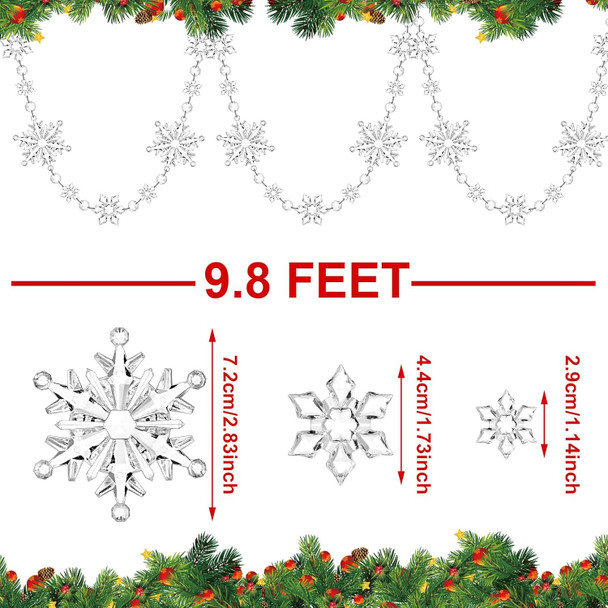 Christmas Snowflake Tree Garland Acrylic Snowflakes Hanging Garland Crystal Snow Flakes Ornaments for Tree Christmas Winter Theme Ornaments for Mantel Curtains Tree, 9.8 Ft/Each (Clear,4 Pcs)