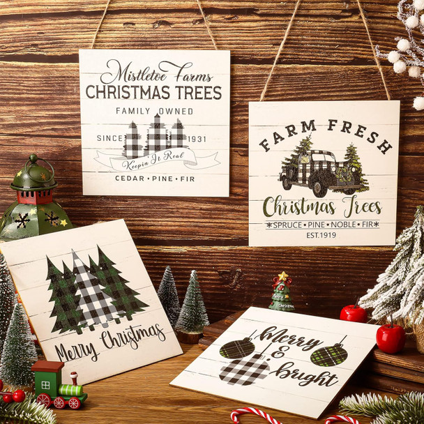 Gerrii 4 Pieces Christmas Wall Hanging Decor Merry Christmas Sign Christmas Trees Buffalo Plaid Truck Decor Wooden Farmhouse Hanging Plaque Xmas Wreath for Home Front Door Holiday Decor (Plaid Style)