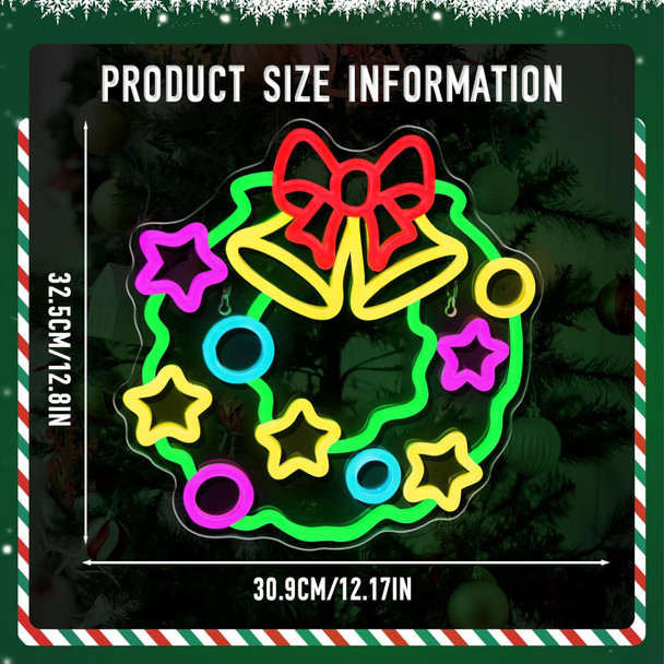 Christmas Wreaths Neon Signs，Dimmable Christmas LED Light Sign XMAS Bells Neon Light For Holiday Party Home Bar Festival Wall Decor USB Powered
