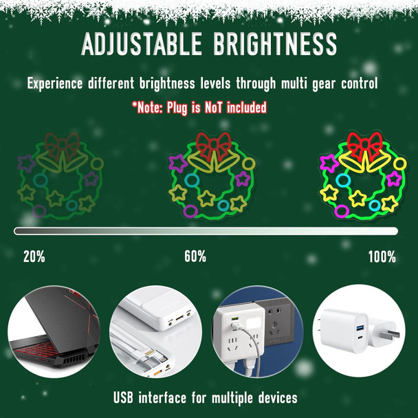 Christmas Wreaths Neon Signs，Dimmable Christmas LED Light Sign XMAS Bells Neon Light For Holiday Party Home Bar Festival Wall Decor USB Powered