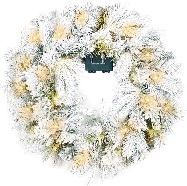 Christmas Wreaths for Front Door,Winter White Flocked Christmas Wreath with 50 LED Lights,Battery Powered Wreath Holiday Decor - Christmas 20 inch Wreath