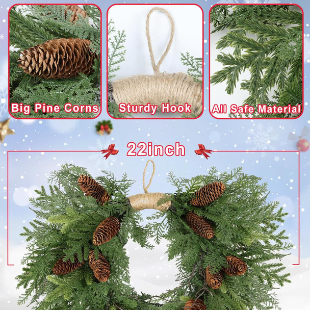 Christmas Wreath Decoration, 22'' Artificial Norfolk Pine Christmas Wreaths for Front Door with Pine Cones Cedar Wreath for Home Winter Thanksgiving Xmas Outdoor Indoor Wall Window Party Holiday Decor