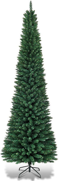 Artificial Pencil Christmas Tree, Premium Hinged Pine Tree with Solid Metal Legs, Perfect for Home, Shops and Holiday Decoration, Green (9FT)