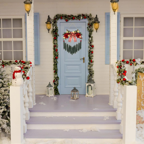Hanging Christmas Decorations with Lights for Front Door Fireplace Artificial Christmas Greenery Greens Red Berries Bow Pine Needles Wreath Wall Decor for Home Xmas Holiday Party Indoor Porch