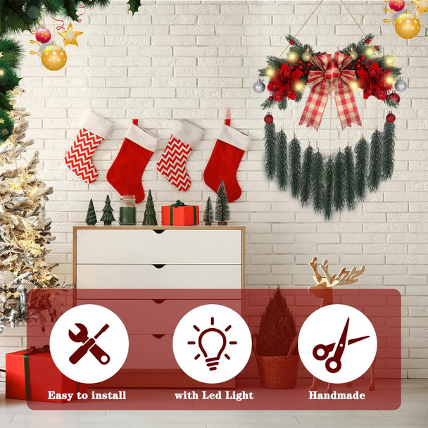 Hanging Christmas Decorations with Lights for Front Door Fireplace Artificial Christmas Greenery Greens Red Berries Bow Pine Needles Wreath Wall Decor for Home Xmas Holiday Party Indoor Porch