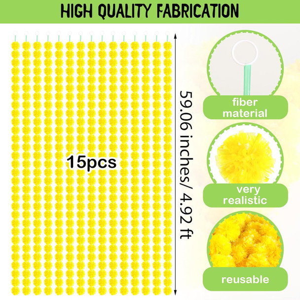 Giegxin 15 Pack Marigold Garland 5 ft Long Strands Day of Dead Faux Marigold Flowers Diwali Decor Artificial Marigold Flowers Indian Decor for Wedding, Christmas, Events(Yellow)