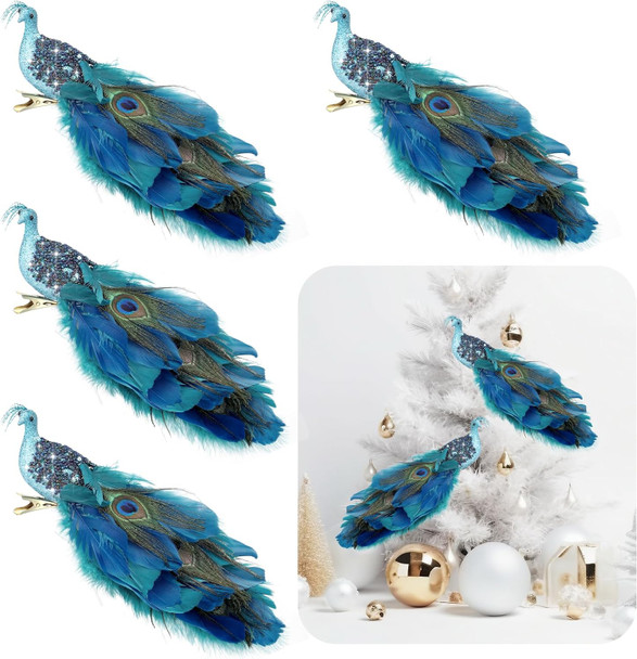 4 Pcs Peacock Christmas Tree Ornaments Long Tail Feather Peacock Christmas Decorations Glitter Peacock Bird Clip On Ornament for Xmas Tree Decor (Classic Style)