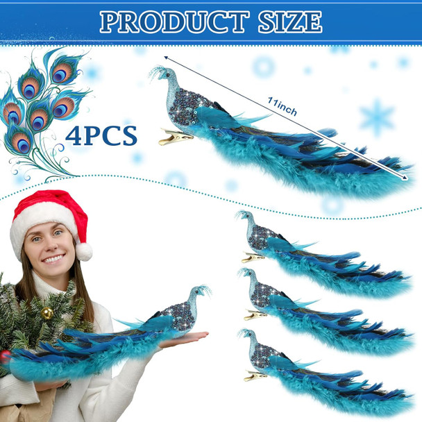 4 Pcs Peacock Christmas Tree Ornaments Long Tail Feather Peacock Christmas Decorations Glitter Peacock Bird Clip On Ornament for Xmas Tree Decor (Classic Style)