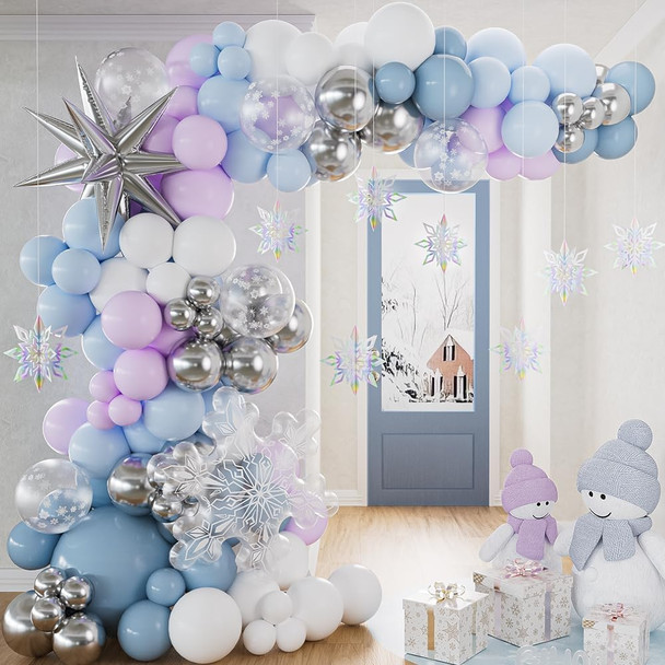 Christmas Snowflake Balloon Arch Garland Kit 148pcs Dusty Blue Silver with Snowflake Foil Balloon, 3D Hanging Snowflake Pendant for Girls Snow Princess Birthday Winter Wonderland Party Decorations